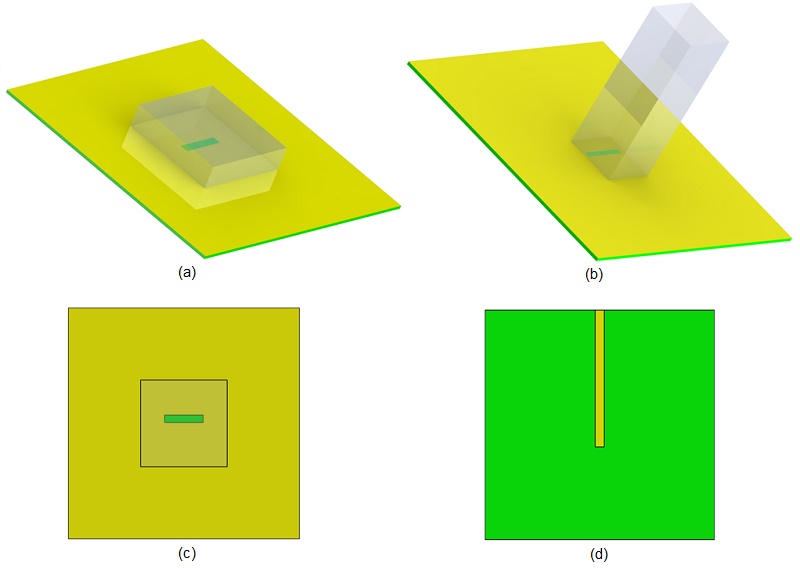 3D CAD design  of the a)-Fundamental and b)- high order mode of the used DRA and illustration of c)-top and d)-bottom view