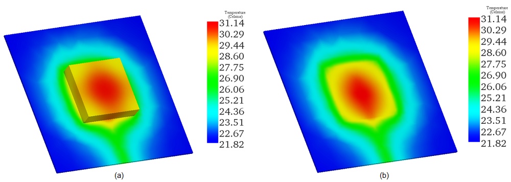 : a)- モデル全体および b)- 誘電体基板全体の温度分布。