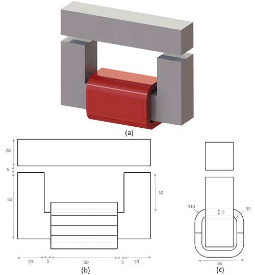 a) 3D 設計、b) 正面図、c) DC コンタクタの側面図
