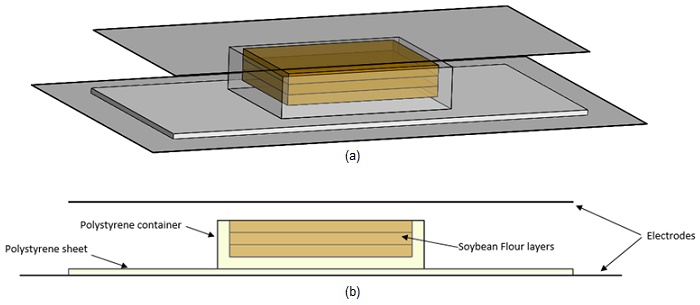 a)- 3D 設計および b)- 使用した RF 加熱プロセスの正面断面図