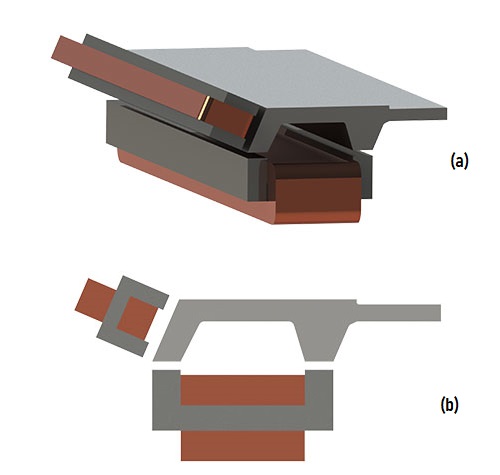 提示された磁気浮上システムの CAD モデル、a) 3D モデル、b) 2D モデル [1]
